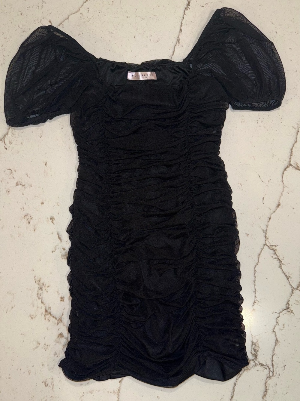 BlueBlush LA Black Ruched Mesh Puff Sleeve Mini Dress M